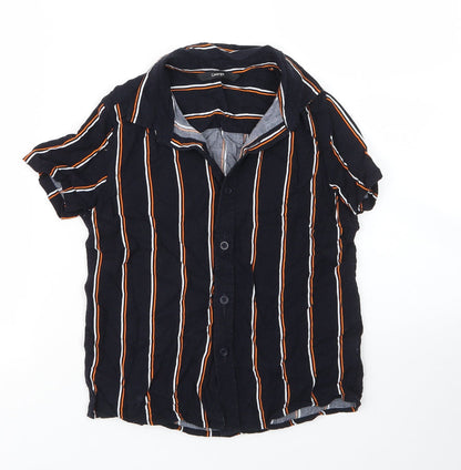 Additional front view of George boys’ blue striped viscose basic button-up, size 7, years collared button