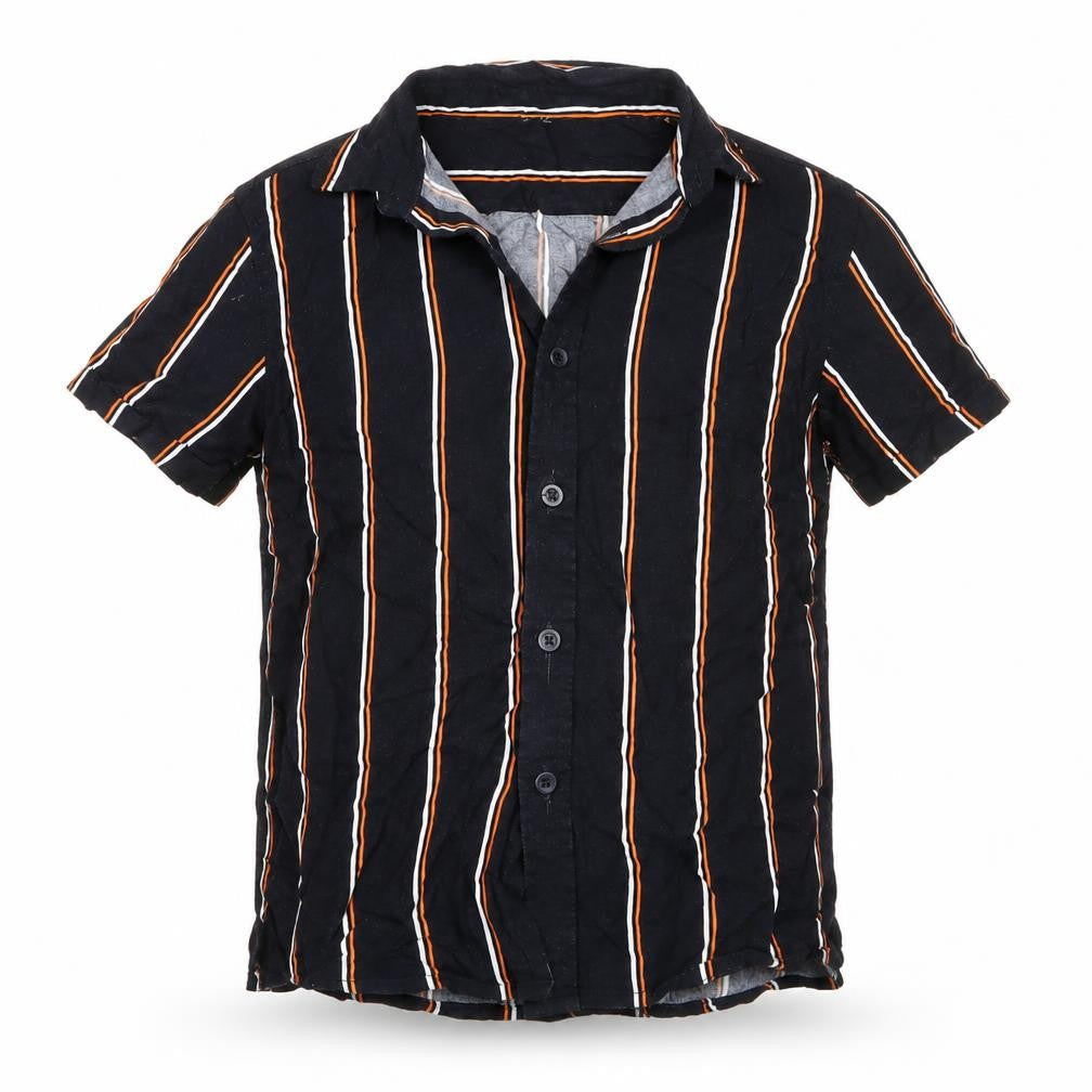 Front view of George boys’ blue striped viscose basic button-up, size 7, years collared button