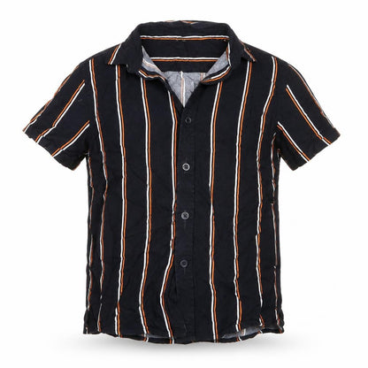 Front view of George boys’ blue striped viscose basic button-up, size 7, years collared button