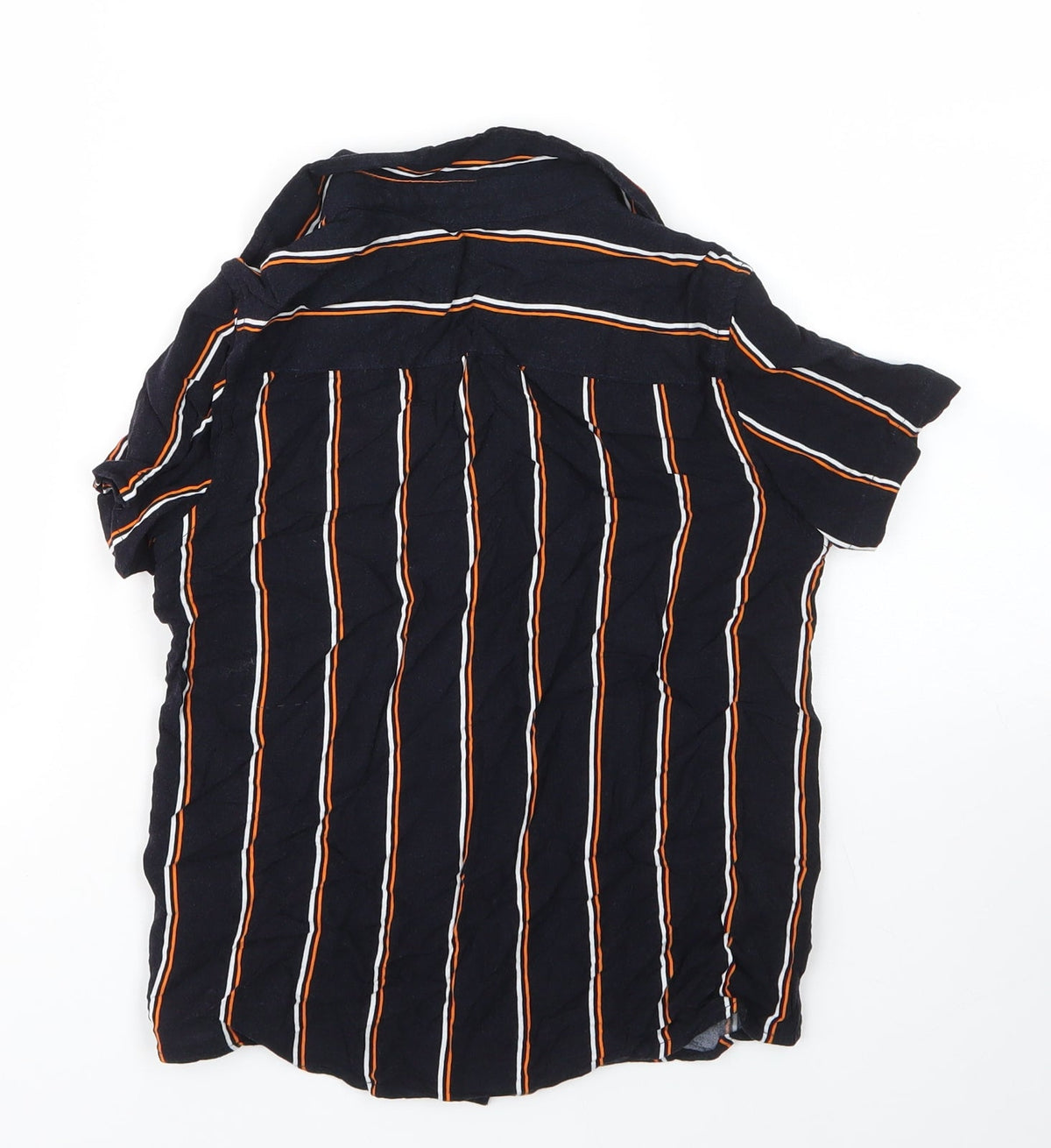 Back view of George boys’ blue striped viscose basic button-up, size 7, years collared button