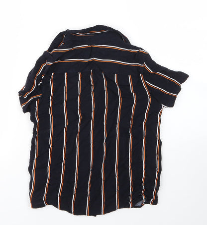 Back view of George boys’ blue striped viscose basic button-up, size 7, years collared button