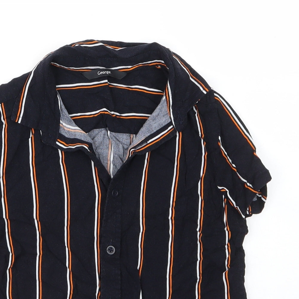 Close-up detail of George boys’ blue striped viscose basic button-up, size 7, years collared button