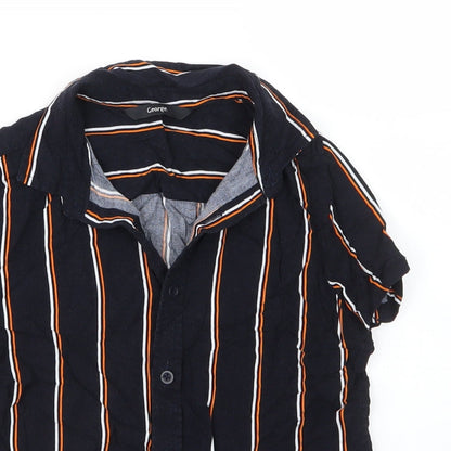 Close-up detail of George boys’ blue striped viscose basic button-up, size 7, years collared button