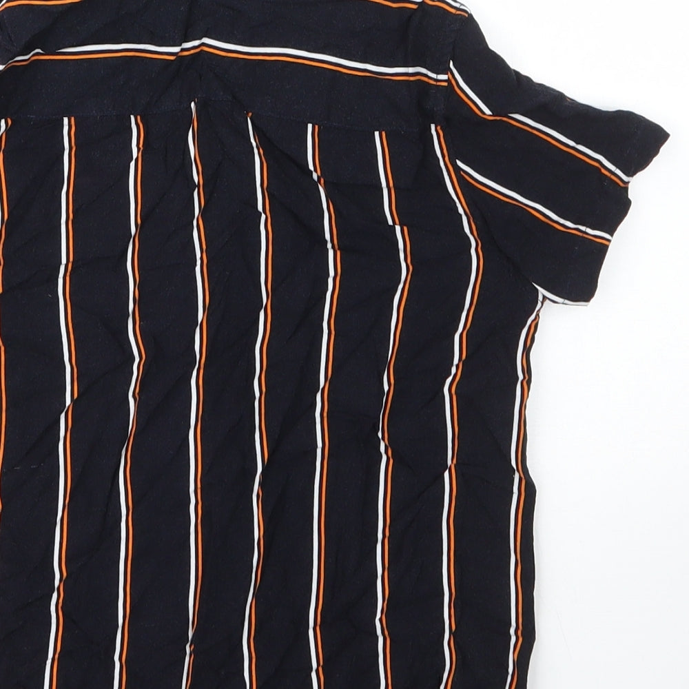 Brand and care label for George boys’ blue striped viscose basic button-up, size 7, years collared button