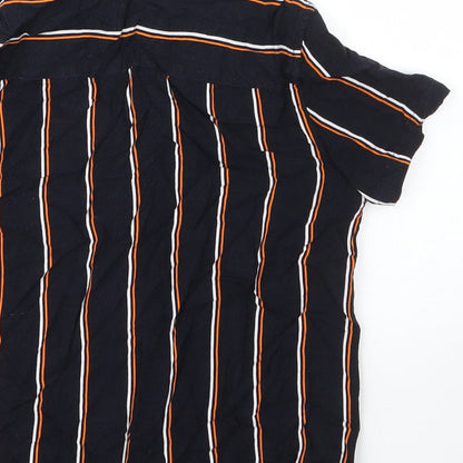 Brand and care label for George boys’ blue striped viscose basic button-up, size 7, years collared button
