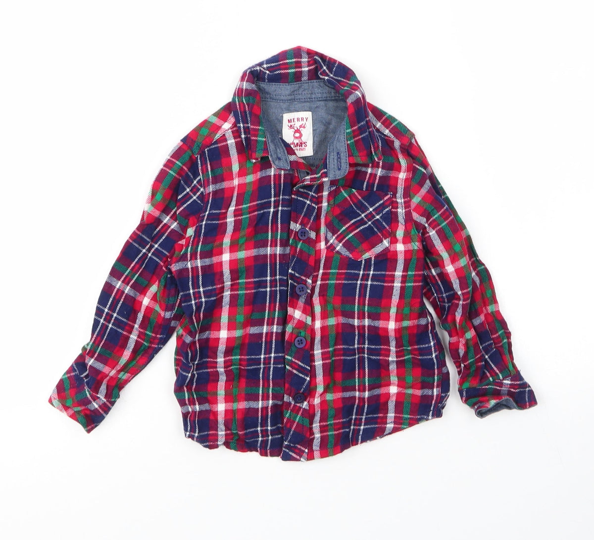 Additional front view of F&F boys’ red plaid cotton basic button-up, size 18-24, months collared button
