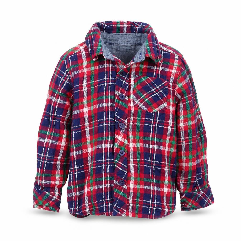 Front view of F&F boys’ red plaid cotton basic button-up, size 18-24, months collared button