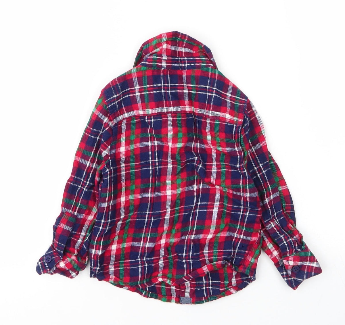 Back view of F&F boys’ red plaid cotton basic button-up, size 18-24, months collared button