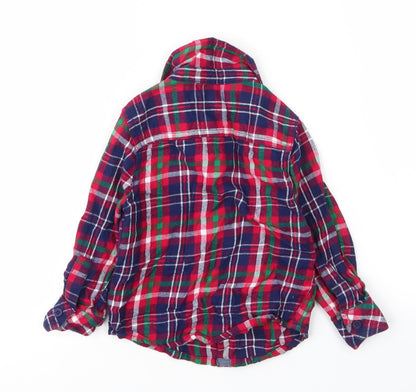 Back view of F&F boys’ red plaid cotton basic button-up, size 18-24, months collared button