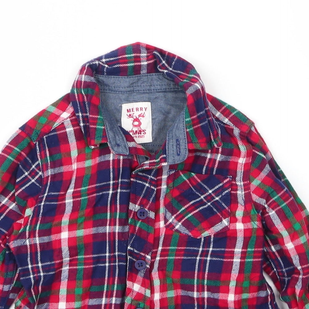 Close-up detail of F&F boys’ red plaid cotton basic button-up, size 18-24, months collared button