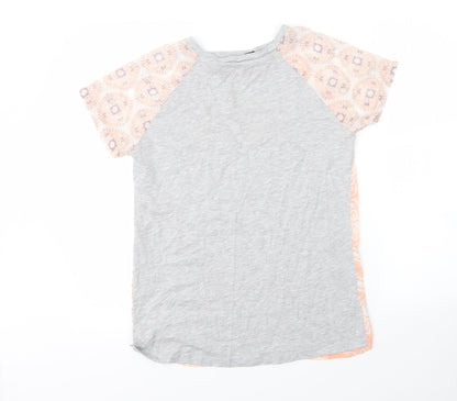 Primark Womens Grey Floral Viscose Basic T-Shirt Size 8 Round Neck