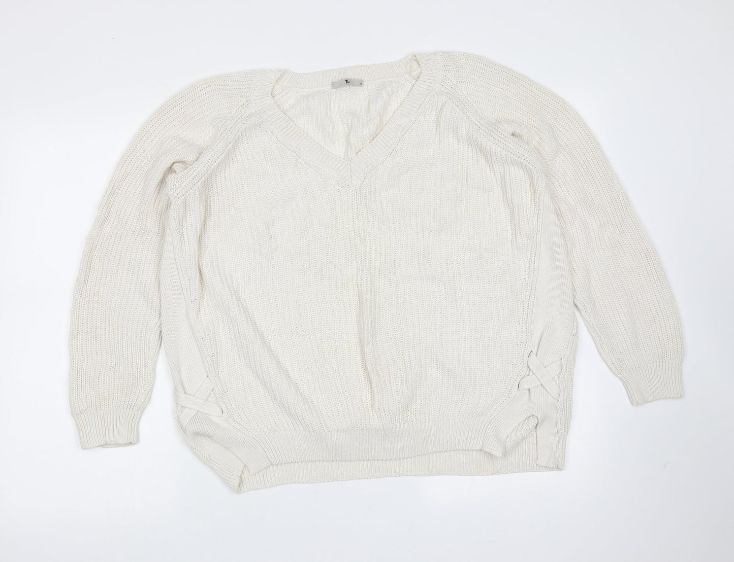 TU Womens Ivory V-Neck  Cotton Pullover Jumper Size 12