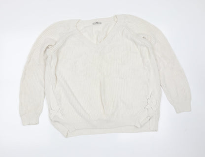 TU Womens Ivory V-Neck  Cotton Pullover Jumper Size 12