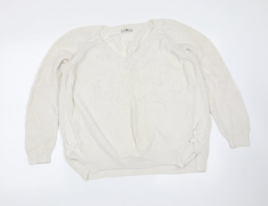 TU Womens Ivory V-Neck  Cotton Pullover Jumper Size 12