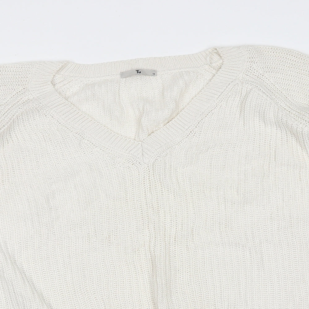 TU Womens Ivory V-Neck  Cotton Pullover Jumper Size 12