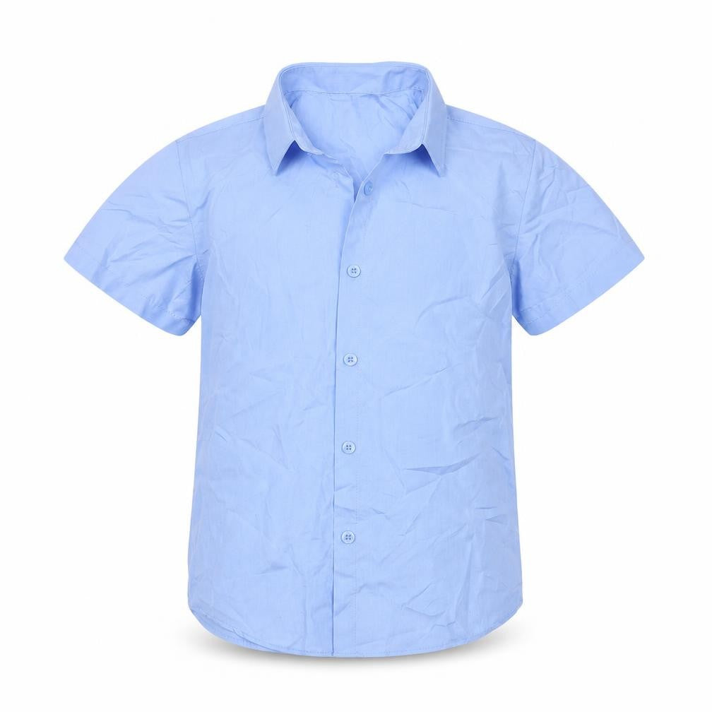 Front view of George boys’ blue polyester basic button-up, size 8-9, years collared button