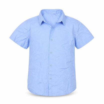 Front view of George boys’ blue polyester basic button-up, size 8-9, years collared button