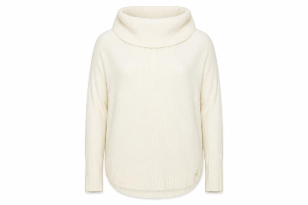 Front view of Mozaic women’s ivory roll neck acrylic jumper, size L