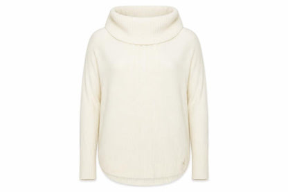 Front view of Mozaic women’s ivory roll neck acrylic jumper, size L