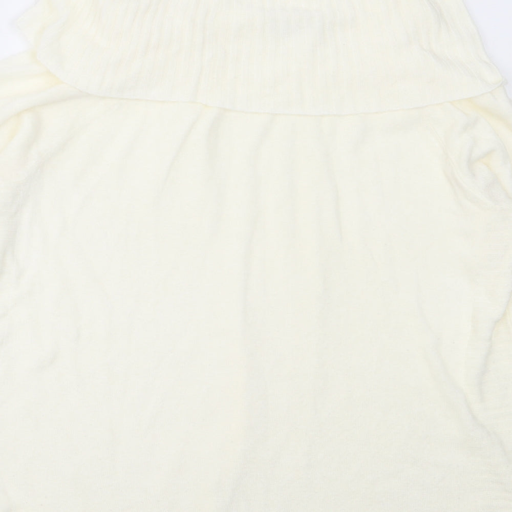 Brand and care label for Mozaic women’s ivory roll neck acrylic jumper, size L