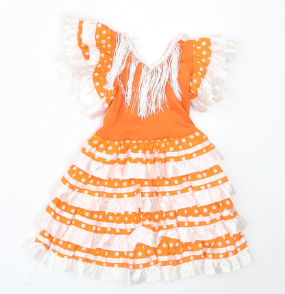 Preworn Girls Orange Polka Dot Polyester Tutu Dress  Size 12 Months  V-Neck