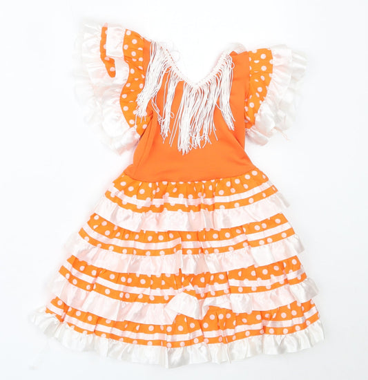 Preworn Girls Orange Polka Dot Polyester Tutu Dress  Size 12 Months  V-Neck