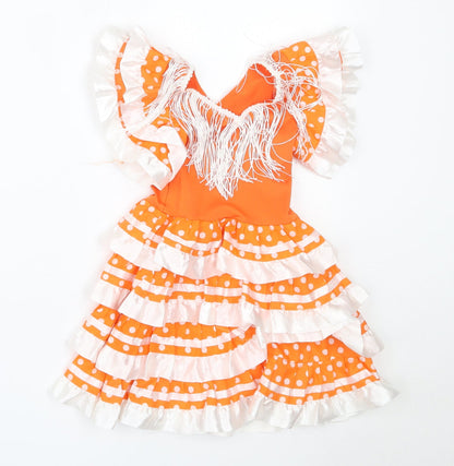 Preworn Girls Orange Polka Dot Polyester Tutu Dress  Size 12 Months  V-Neck