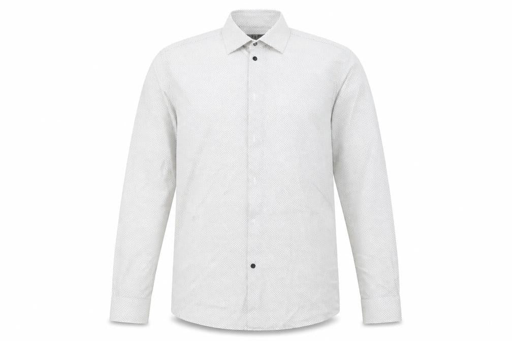Front view of Cedarwood State men’s ivory cotton button-up, size 16, collared