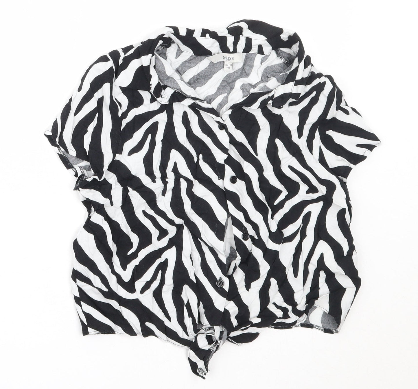 Miss Evie Girls Black Animal Print Viscose Basic Button-Up Size 10-11 Years Collared