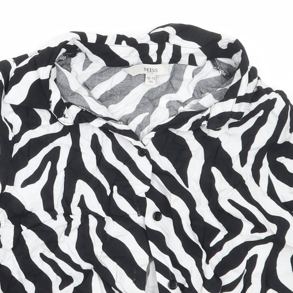 Miss Evie Girls Black Animal Print Viscose Basic Button-Up Size 10-11 Years Collared