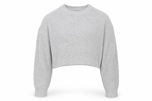 Front view of PRETTYLITTLETHING women’s grey round neck acrylic jumper, size M