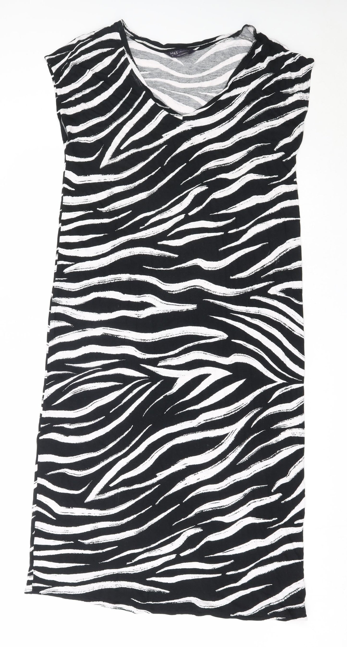 Marks and Spencer Womens Black Animal Print Viscose T-Shirt Dress  Size 10  V-Neck