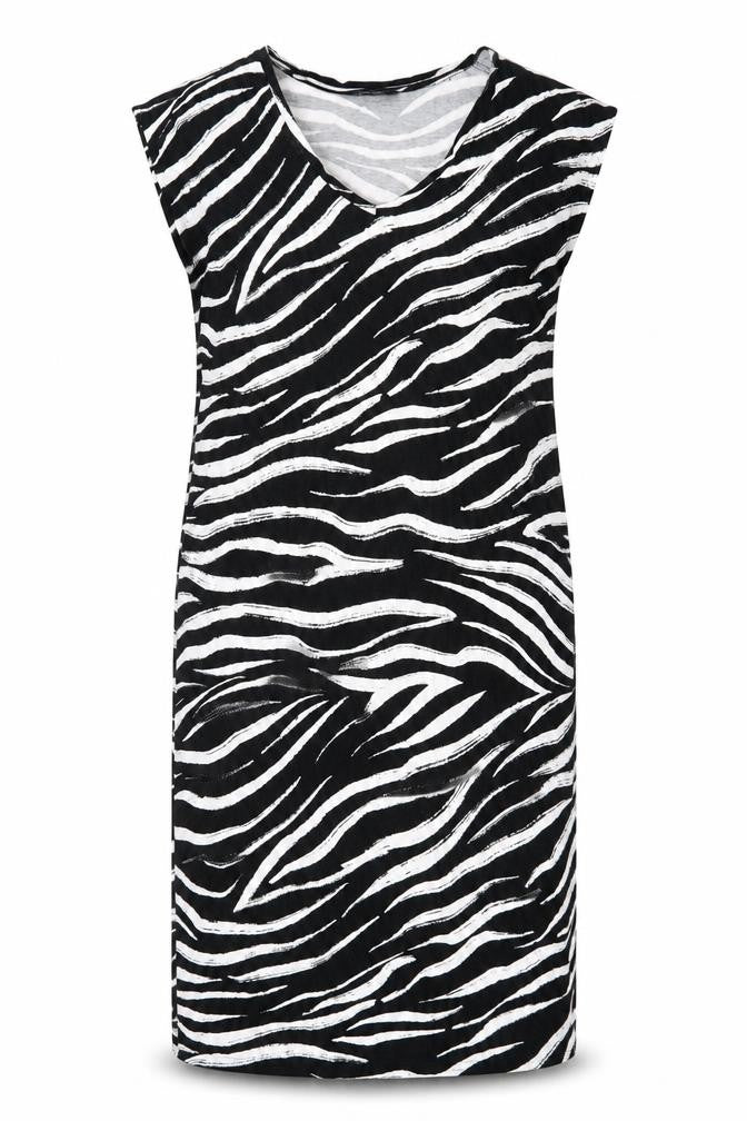 Front view of Marks & Spencer women’s black animal print viscose t-shirt dress, size UK 10, v-neck