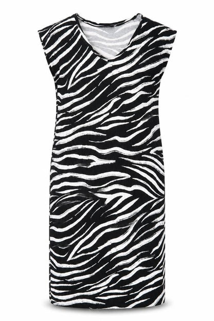 Front view of Marks & Spencer women’s black animal print viscose t-shirt dress, size UK 10, v-neck