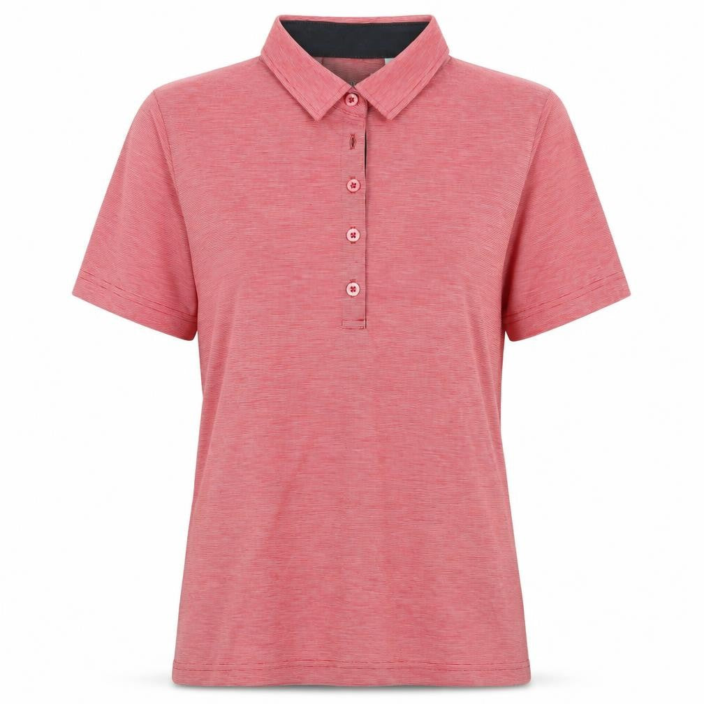 Front view of James & Nicholson women’s red polyester basic polo, size M, collared