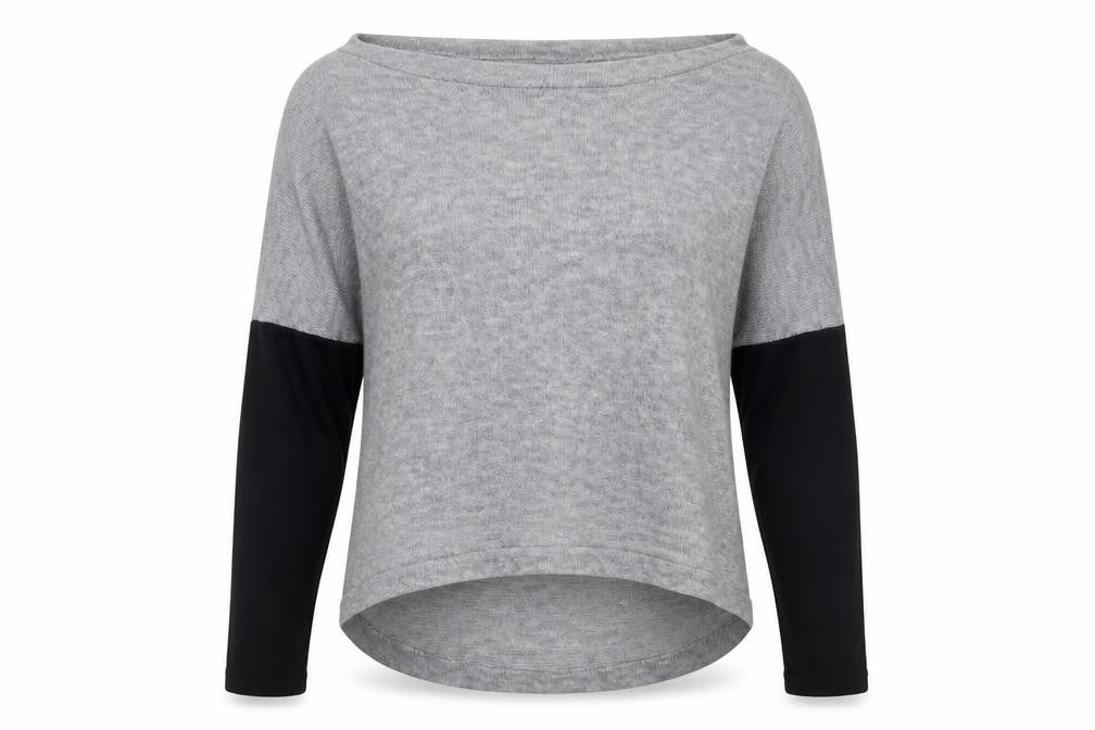 Front view of preorn women’s grey polyester pullover sweatshirt, size L, pullover