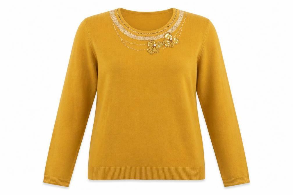 Front view of Saloos women’s yellow viscose pullover sweatshirt, size M, pullover