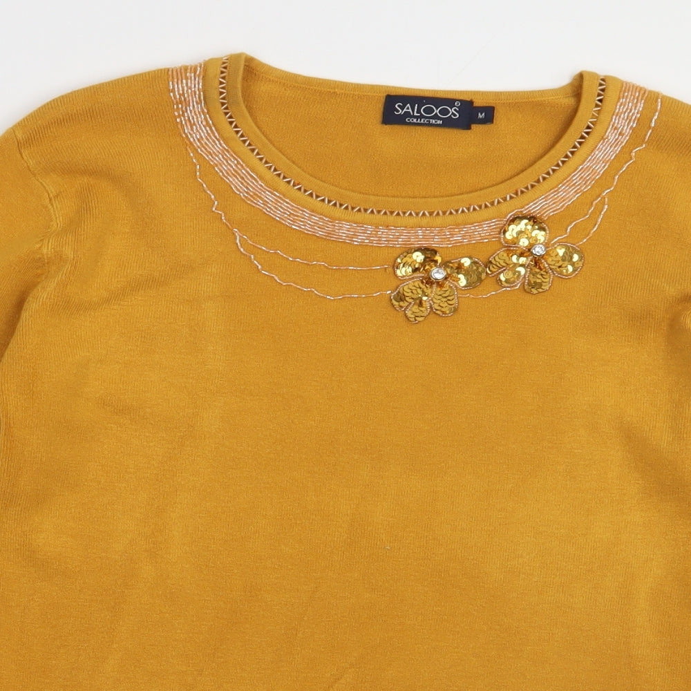 Close-up detail of Saloos women’s yellow viscose pullover sweatshirt, size M, pullover