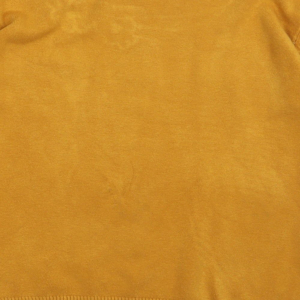 Brand and care label for Saloos women’s yellow viscose pullover sweatshirt, size M, pullover