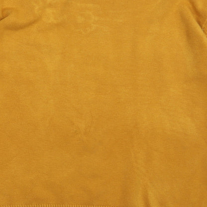 Brand and care label for Saloos women’s yellow viscose pullover sweatshirt, size M, pullover