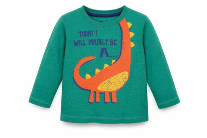 Front view of Matalan boys’ green cotton basic casual, size 9-12, months crew neck pullover - today i will be a dinosaur