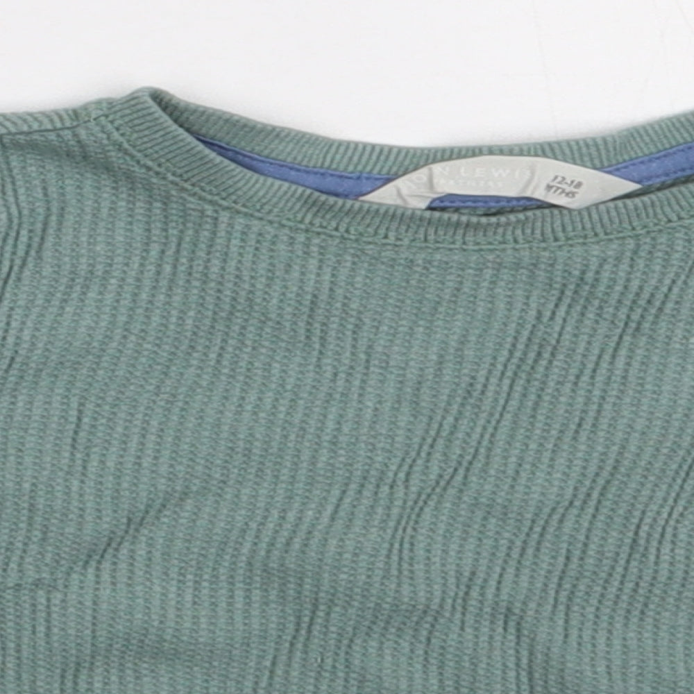 Close-up detail of Matalan boys’ green cotton basic casual, size 12-18, months crew neck pullover