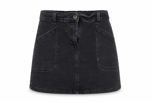 Front view of Nutmeg girls’ black cotton mini skirt, size 11-12, years regular