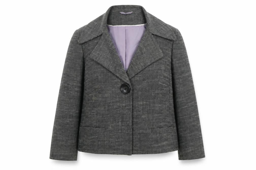 Front view of Ines women’s grey polyester jacket blazer, size UK 12