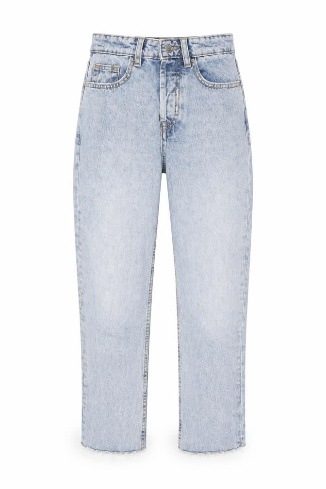 Front view of Denim & Co. women’s blue cotton straight jeans, size UK 4, 25-inch leg regular button