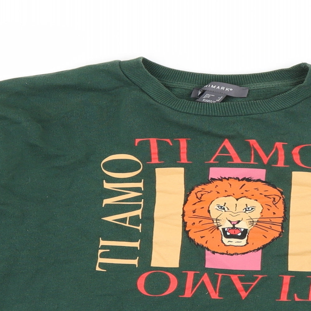 Close-up detail of Primark women’s green cotton pullover sweatshirt, size UK 6, pullover - ti amo