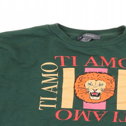 Close-up detail of Primark women’s green cotton pullover sweatshirt, size UK 6, pullover - ti amo
