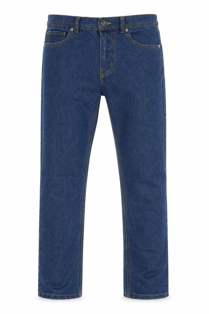 Front view of Denim & Co. men’s blue cotton straight jeans, size 30, in, 29-inch leg regular button
