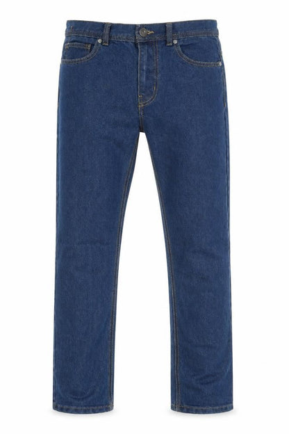 Front view of Denim & Co. men’s blue cotton straight jeans, size 30, in, 29-inch leg regular button