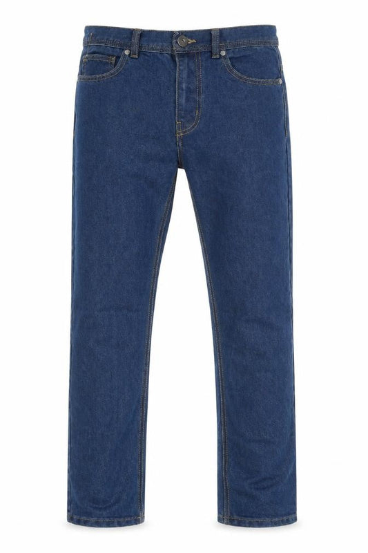 Front view of Denim & Co. men’s blue cotton straight jeans, size 30, in, 29-inch leg regular button